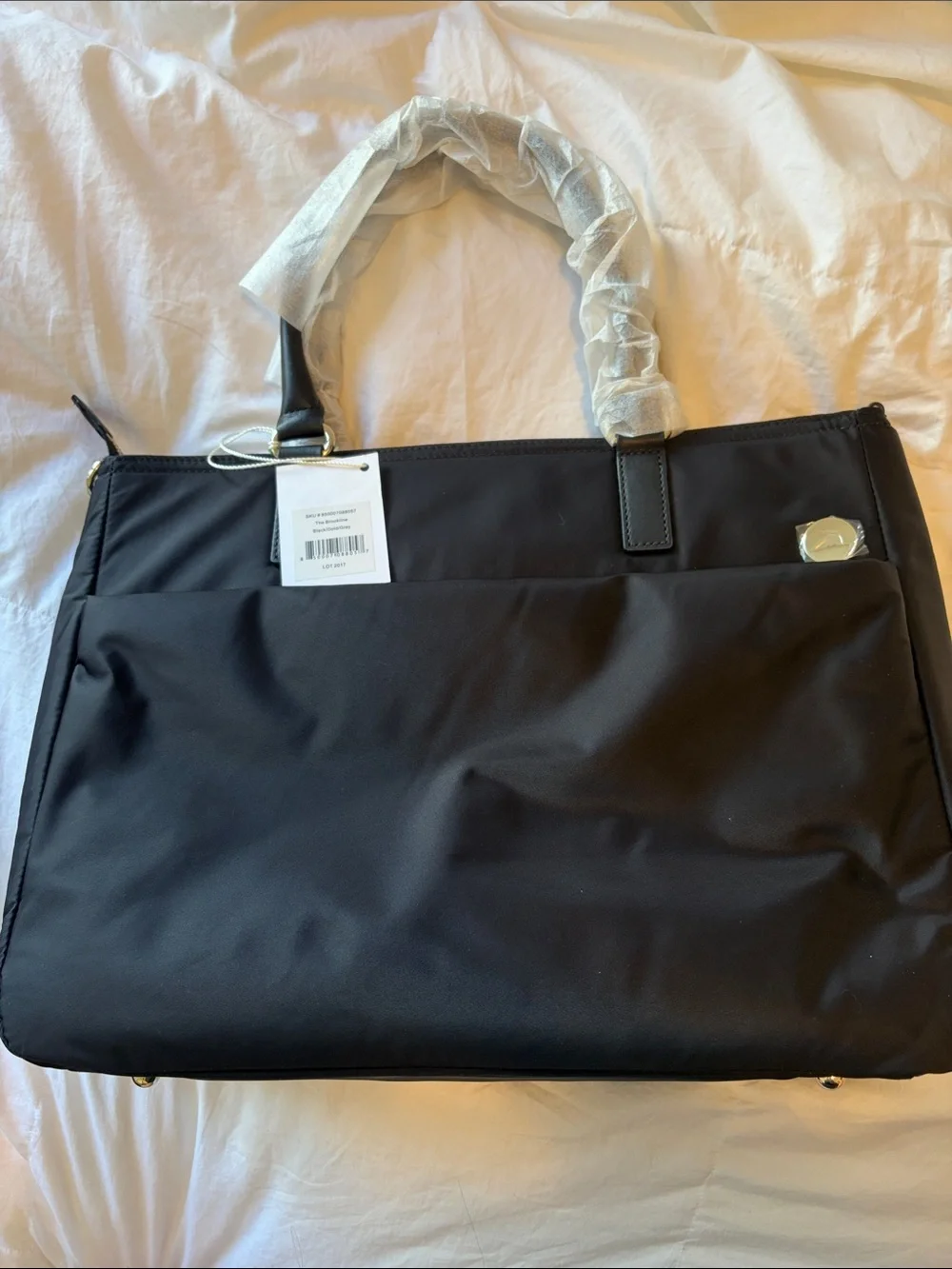Lo & Sons - Black Nylon Tote Bag with Gold Accent, Light Grey Interior